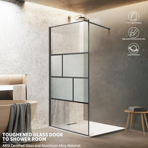 Bathroom Shower Door, Modern Grid Shower Door 34 * 74 Inch, 5/16"(8mm) Clear Tempered Glass and Frosted Glass Shower Panel, Matte Black