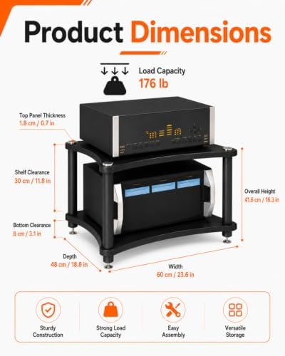 Heavy Duty 2-Tier AV Media Stand, 176 lb Load Capacity, Black