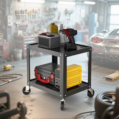 POCHAR Steel AV Cart on Wheels - Rolling Projector Cart with Height Adjustable Shelf, Pullout Keyboard Tray, Power Strip, Cord Management - Mobile Media Carts Computer Workstation for Office Classroom