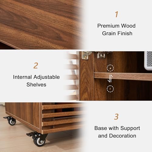 LEVNARY 5-Tier AV Media Cabinet with Grille Door & Adjustable Shelves, Modern Wooden Stereo Rack with Cable Management & Wheels, Audio Video Stand for Living Gaming Room Recording Studio (Walnut)
