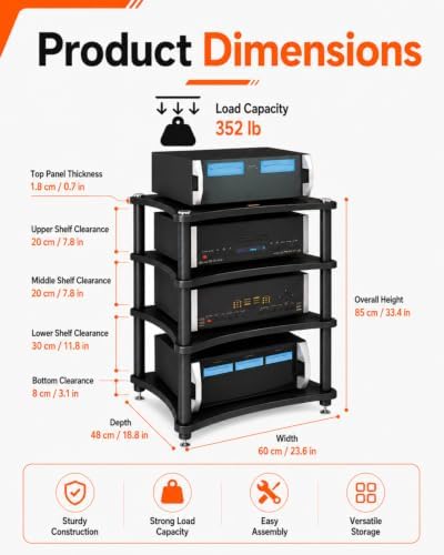 Heavy Duty 4-Tier AV Media Stand, 352 lb Load Capacity, Teak