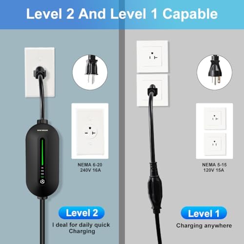 8-16A Adjustable Level 1&2 EV Charger, 110V-240V, IP66 Waterproof, Black