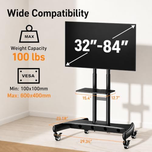 perlegear rolling tv stand for 32-84 inch tv shown in use