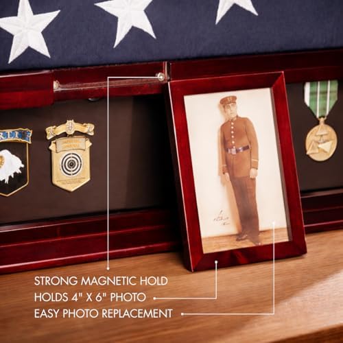 Bey-Berk Custom Personalized American Flag Display Case for 5' x 9.5' Burial Memorial Flag, Military Medal Shadow Box with Glass Front and 4"x 6" Picture Frame (Mahogany)