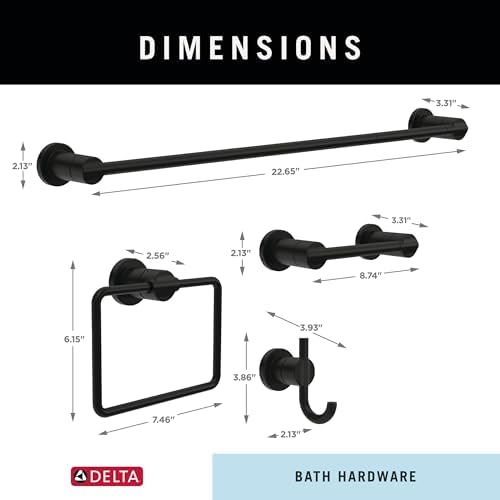 Delta 4-Piece Matte Black Bathroom Set Towel Rack, Ring, Toilet Paper Holder, Hook | Nicoli Bath Accessories