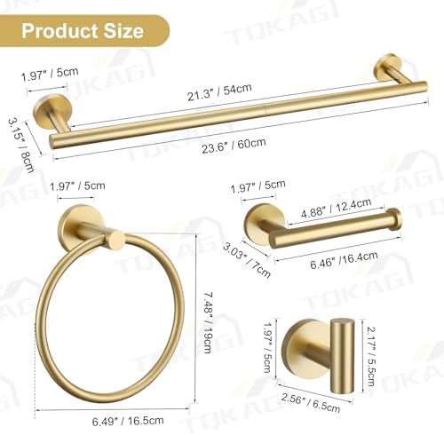 TQKAG 5 Piece Bathroom Accessories Set Brushed Gold Bathroom Hardware Set 23.6 Inch Bath Towel Bar Set SUS304 Stainless Steel Towel Rack Set