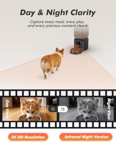 Automatic Dog Feeder with 2K Cameras - 8L/ 34 Cups Cat Food Dispenser for 2-18mm Dry Food, 2.4G&5G WiFi, Night Vision, 2-Way Talk, Up to 99 Portions 15 Meals Per Day, 10s Voice