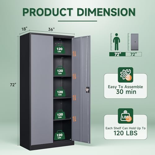 Letaya Metal Garage Storage Cabinets with Lock Door and Adjustable Shelves, Steel Tool Cabinets for Home,Office,Warehouse Organisieren (Black Grey, 72" H)