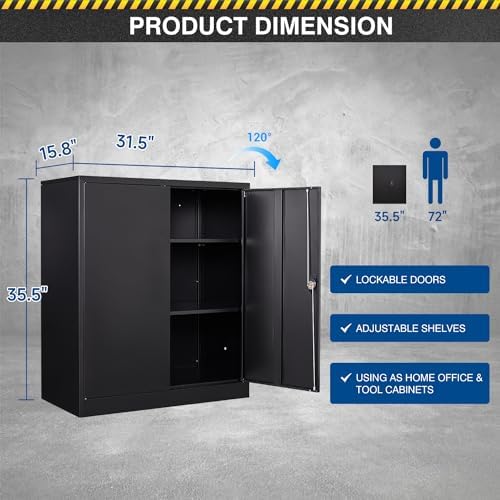 Fesbos Metal Storage Cabinet-36” Tall Steel File Cabinets with Lockable Doors and Adjustable Shelves-Black Steel Storage Cabinet for Home Office, School, Garage