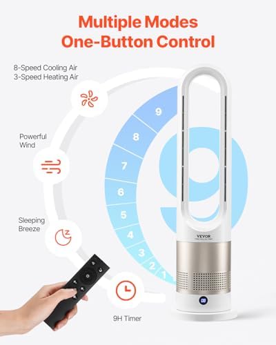 VEVOR Tower Fan Bladeless, 16 ft/s Velocity Quiet Floor Fan with Cooling Effect & Heating Mode, 80° Remote Oscillating Fan, 8-Speed 9H Timer Standing Fans for Bedroom, Office, Home