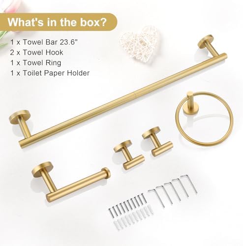 TQKAG 5 Piece Bathroom Accessories Set Brushed Gold Bathroom Hardware Set 23.6 Inch Bath Towel Bar Set SUS304 Stainless Steel Towel Rack Set