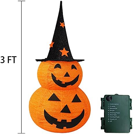FUNPENY 3FT Halloween Collapsible Pumpkin Decorations, Pre-Lit Light Up 50 LED Pumpkin with Star Hat 8 Lighted Mode, Pop Up Jack-o-Lantern with Metal Stand for Indoor Outdoor Yard Holiday Decor