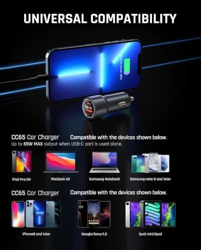 fanttik 65w usb c car charger, dual port, side view
