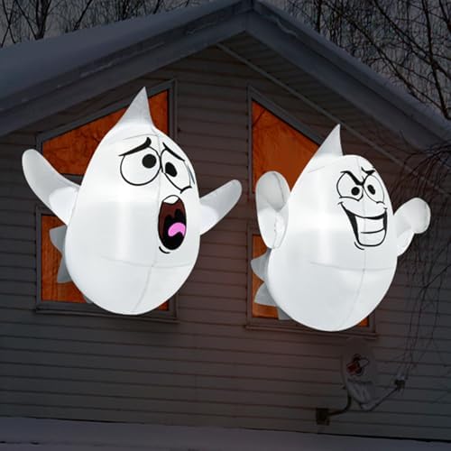 Joiedomi 2 Pcs Halloween Inflatables Outdoor Decorations, Halloween Blow Ups Ghost with Built-in LEDs, Cute Window Inflatable Ghost for Window Decorations