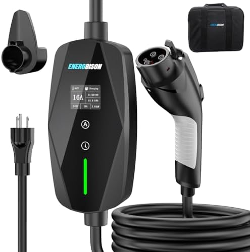 Level 1&2 EV Charger -16Amp Adjustable Current Home Charging Station with 110V-240V NEMA 6-20 Plug & 5-15 Adapter, 25FT Cable Portable Electric Vehicle Car Charger, SAE J1772 Charging Station for Home