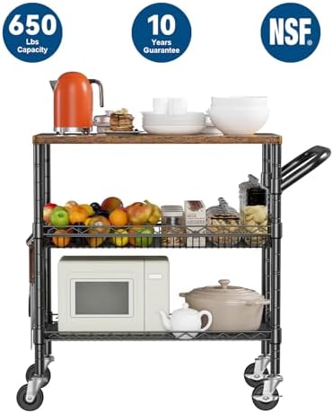 WDT 3 Tier Rolling Carts with Wheels, Heavy Duty Rolling Utility Cart with Wood Tabletop, Commercial Grade Metal Cart with Handle and Hooks, NSF Storage Serving Carts for Kitchen Island, Wood+Metal