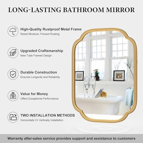 Ferytange Gold Mirrors for Bathroom, 18" x 24" Rectangular Wall Mirror for Bathroom Metal Frame Farmhouse Rounded Corner Wall Mirror (Horizontal/Vertical)