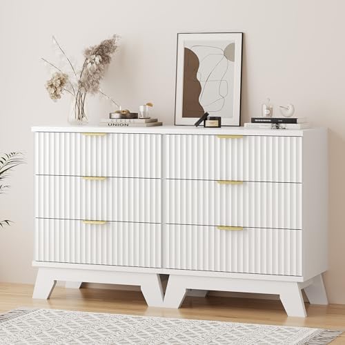 Fluted Dresser for Bedroom with 3 Drawers, 24" Wide Modern Chest of Drawers with Metal Handle, Wooden Dresser TV Stand, Wood Closet Clothes Storage Drawer Organizer for Living Room, Hallway, White