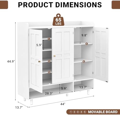 Shoe Cabinet with 3 Doors and Adjustable Shelves, Large Shoe Storage Cabinet for 24–30 Pairs, Modern Farmhouse Shoe Organizer with Open Bottom Shelf for Entryway, Living Room, White