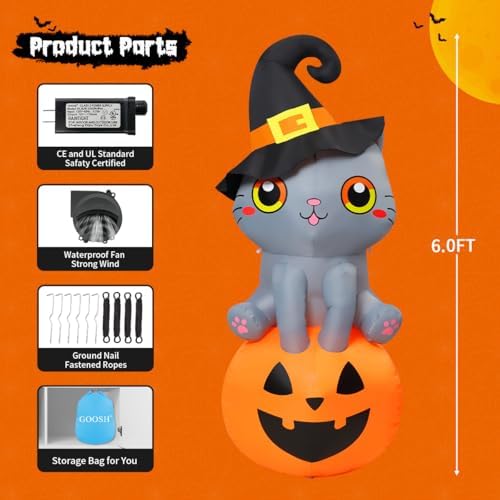 GOOSH 6 FT Halloween Inflatables Cat Outdoor Decorations Blow Up Yard Cute Wizard Cat Sitting Pumpkin with Built-in LEDs for Garden Lawn Indoor Party Decor