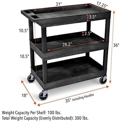 Tubstr 3-Tier Rolling Utility Cart with Wheels | Durable Tool Cart with Locking Wheels (32 x 18) (Black 2-Pack)