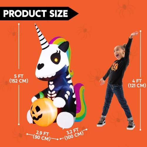 Joiedomi 5 FT Halloween Inflatable Sitting Skeleton Unicorn with LED Lights, Blow Up Outdoor Decoration for Yard, Garden, Lawn, Haunted House Halloween Party Outside Decor