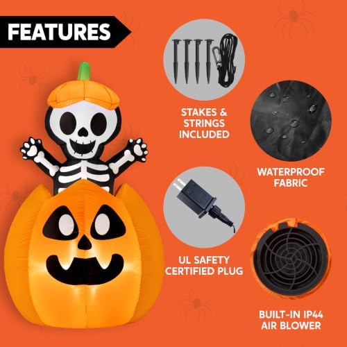 Joiedomi 5FT Halloween Animated Inflatables Outdoor Decorations, Inflatable Skeleton On Pumpkin with LEDs, Cute Blow Up Pumpkin Skeleton Decor for Outside Yard Indoor Lawn Garden Party Decoration