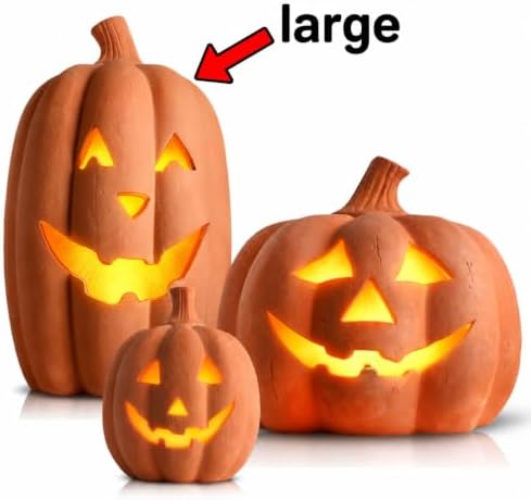Halloween Lighted Terracotta Jack O Lantern Pumpkin 15 Inch Decor (Large)