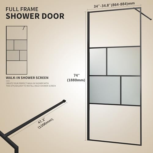 Bathroom Shower Door, Modern Grid Shower Door 34 * 74 Inch, 5/16"(8mm) Clear Tempered Glass and Frosted Glass Shower Panel, Matte Black