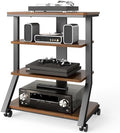 Rfiver 4-Tier AV Media Stand with Wheels, Mobile Rack Audio Tower with Height Adjustable Shelves, Wooden Stereo Racks and Stands, Stereo Stand for Record Player, TV Box, Corner Entertainment Center