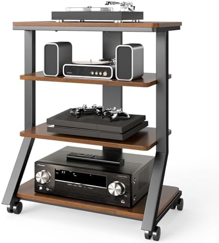 Rfiver 4-Tier AV Media Stand with Wheels, Mobile Rack Audio Tower with Height Adjustable Shelves, Wooden Stereo Racks and Stands, Stereo Stand for Record Player, TV Box, Corner Entertainment Center