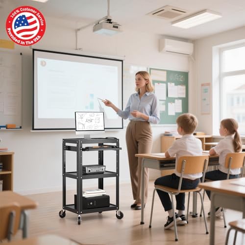 POCHAR Steel AV Cart on Wheels - Rolling Projector Cart with Height Adjustable Shelf, Pullout Keyboard Tray, Power Strip, Cord Management - Mobile Media Carts Computer Workstation for Office Classroom