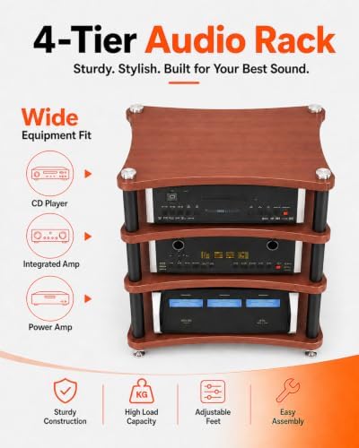 Heavy Duty 4-Tier AV Media Stand, 352 lb Load Capacity, Teak