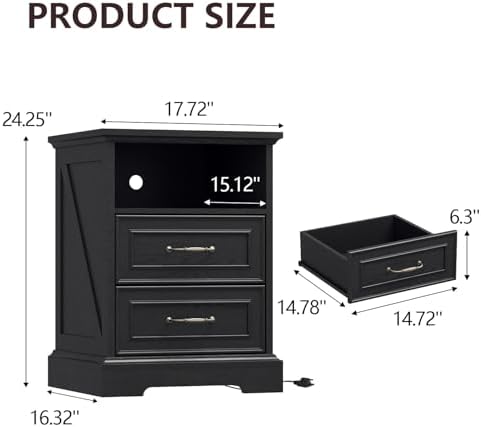 Black Nightstand with Charging Station,18" Wide End Table with 2 Large Drawers & Metal Handles,Rustic Farmhouse Wood Small Dresser,Bedside Table,Modern Chest of Drawers for Bedroom,Living Room
