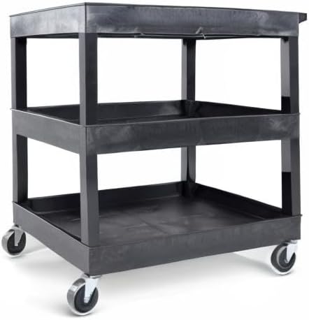 Tubstr 3-Tier Rolling Utility Cart with Wheels | Durable Tool Cart with Locking Wheels (32 x 18) (Black 2-Pack)