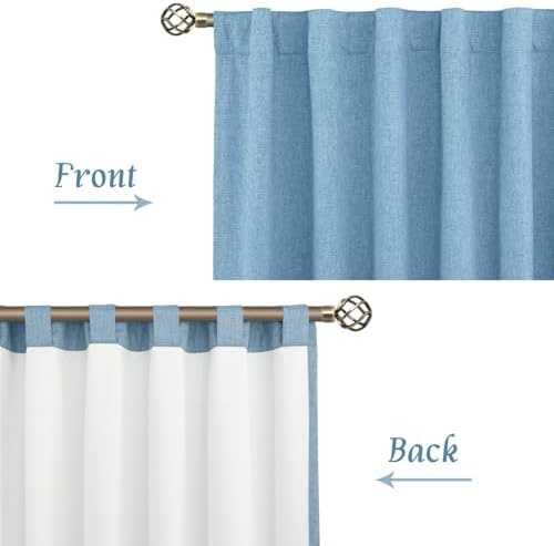 LAMIT Blue 100% Blackout Linen Curtains 63 Inches with White Liner