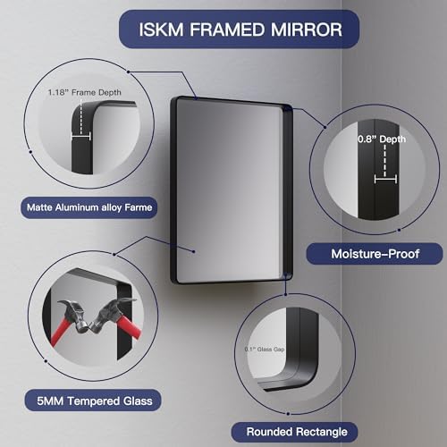 ISKM Wall Mounted Mirror 20x16, Black Framed Bathroom Mirror, Round Corner