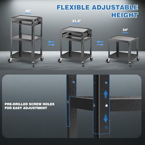 POCHAR Steel AV Cart on Wheels - Rolling Projector Cart with Height Adjustable Shelf, Pullout Keyboard Tray, Power Strip, Cord Management - Mobile Media Carts Computer Workstation for Office Classroom