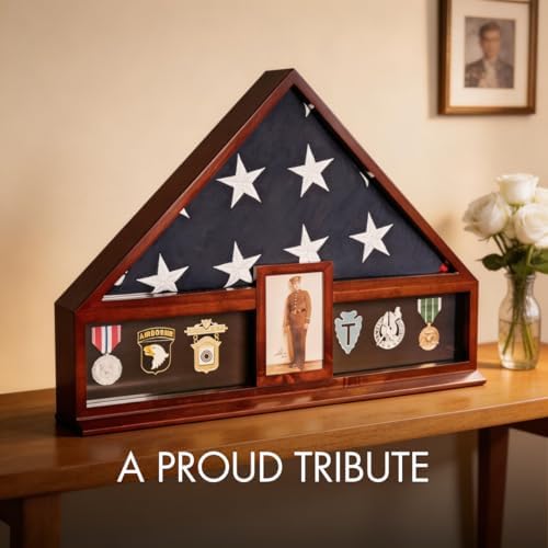 Bey-Berk Custom Personalized American Flag Display Case for 5' x 9.5' Burial Memorial Flag, Military Medal Shadow Box with Glass Front and 4"x 6" Picture Frame (Mahogany)