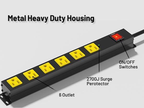 Heavy Duty 6 Outlet Metal Long Power Strip, 2700J Surge Protector (2 Pack)