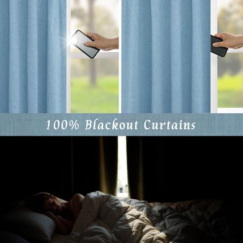 LAMIT Blue 100% Blackout Linen Curtains 63 Inches with White Liner
