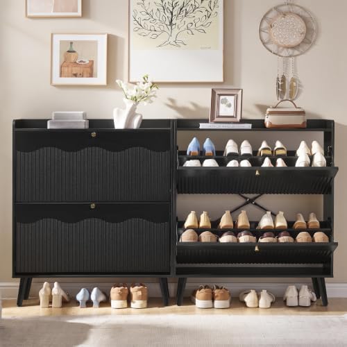 BERRYMERRY 31.5” Black Fluted Shoe Cabinet Storage with 2 Flip Drawers