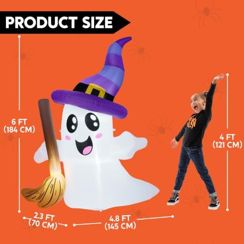 JOYIN Halloween Inflatables Ghost Outdoor Decorations, Cute Blow Up Ghost Holding Broom with LED, Blow Up Yard Decorations for Halloween Outdoor Yard Garden Lawn Party Decor