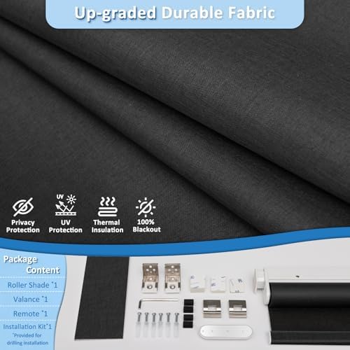 No-Drill Motorized Blackout Blinds with Remote, Black, 35.5" x 72"