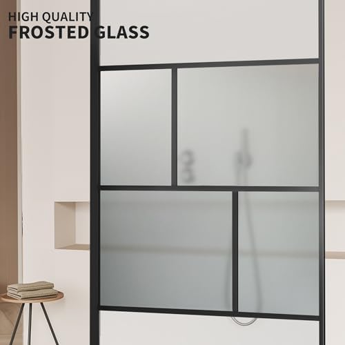 Bathroom Shower Door, Modern Grid Shower Door 34 * 74 Inch, 5/16"(8mm) Clear Tempered Glass and Frosted Glass Shower Panel, Matte Black