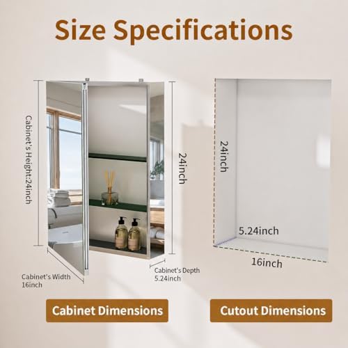 BEAUTYPEAK 16" x 24" Bathroom Medicine Cabinet Mirror with Storage