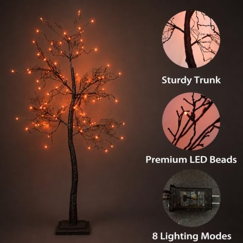 5FT Lighted Halloween Tree, 102 LED Dual Color Black Glitter Tree