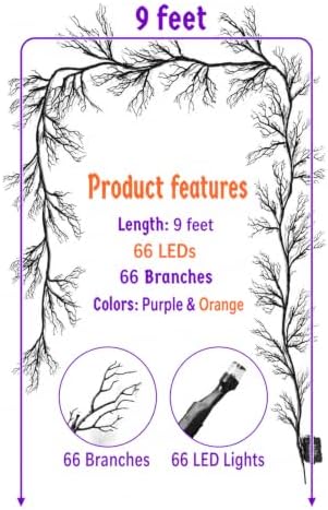 9 FT Halloween Twig Garland Decoration with 45 Purple and Orange LED Lights