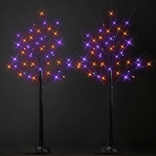 Dazzle Bright 2 Pack Halloween Lighted Up Birch Tree, Total 96 LED Purple and Orange Fairy Lights with Timer, Waterproof for Indoor Outdoor Home Party Halloween Decoration