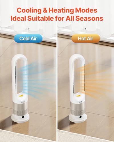 VEVOR Tower Fan Bladeless, 16 ft/s Velocity Quiet Floor Fan with Cooling Effect & Heating Mode, 80° Remote Oscillating Fan, 8-Speed 9H Timer Standing Fans for Bedroom, Office, Home
